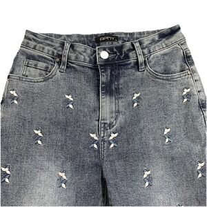 APNY Embroidered Wide Leg Jeans Womens 6 Raw Hem Two-Tone Stretch Denim